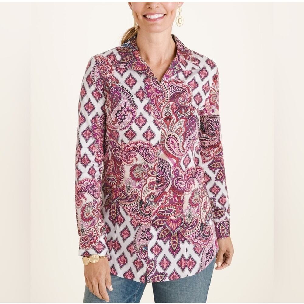 Chico's No-Iron Sateen Wing-Collar Shirt Women's Paisley Print Button Down Small